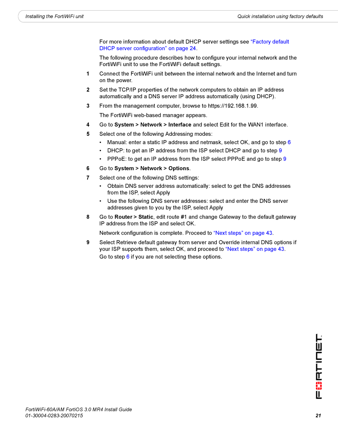 Fortinet ORTIWIFI-60A /AM manual Go to System Network Options 