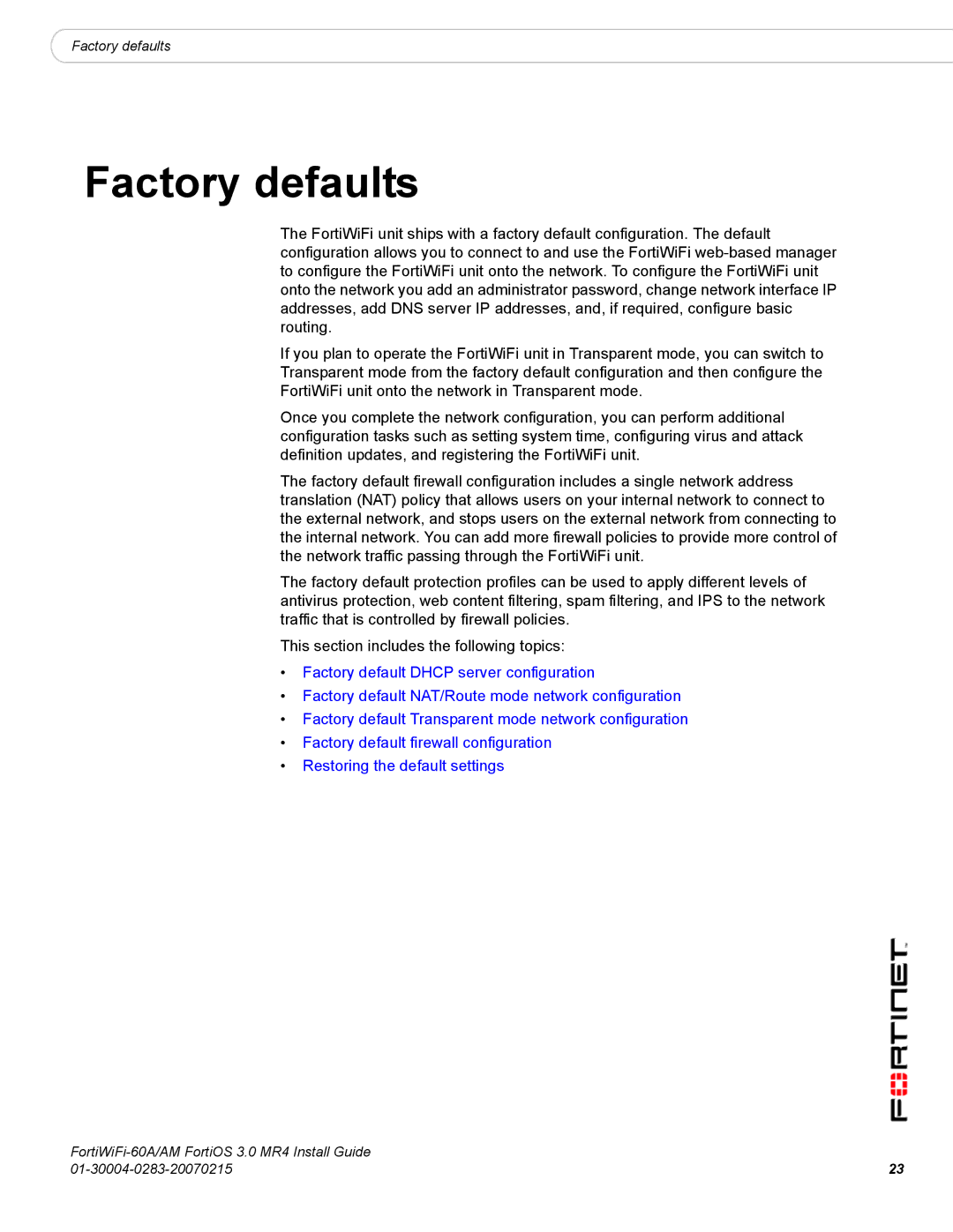 Fortinet ORTIWIFI-60A /AM manual Factory defaults 