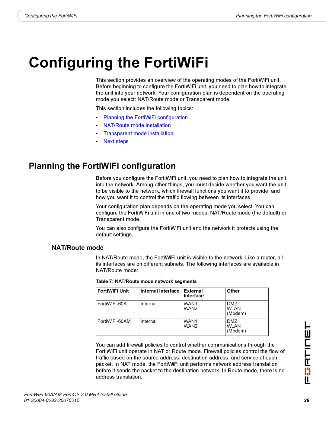 Fortinet ORTIWIFI-60A /AM manual Planning the FortiWiFi configuration, NAT/Route mode 