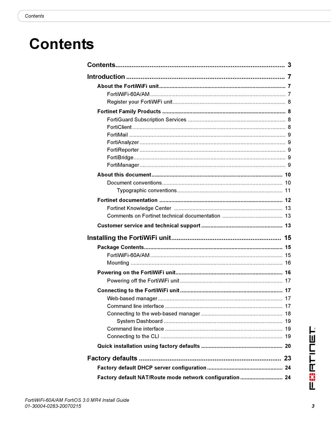 Fortinet ORTIWIFI-60A /AM manual Contents 