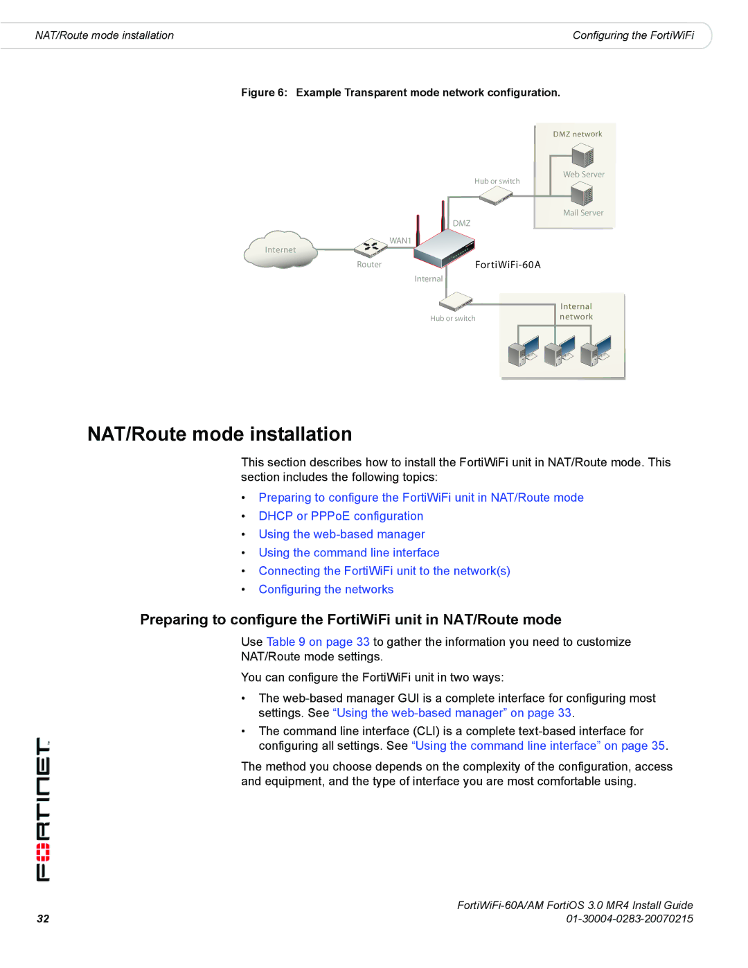 Fortinet ORTIWIFI-60A /AM manual NAT/Route mode installation, Preparing to configure the FortiWiFi unit in NAT/Route mode 