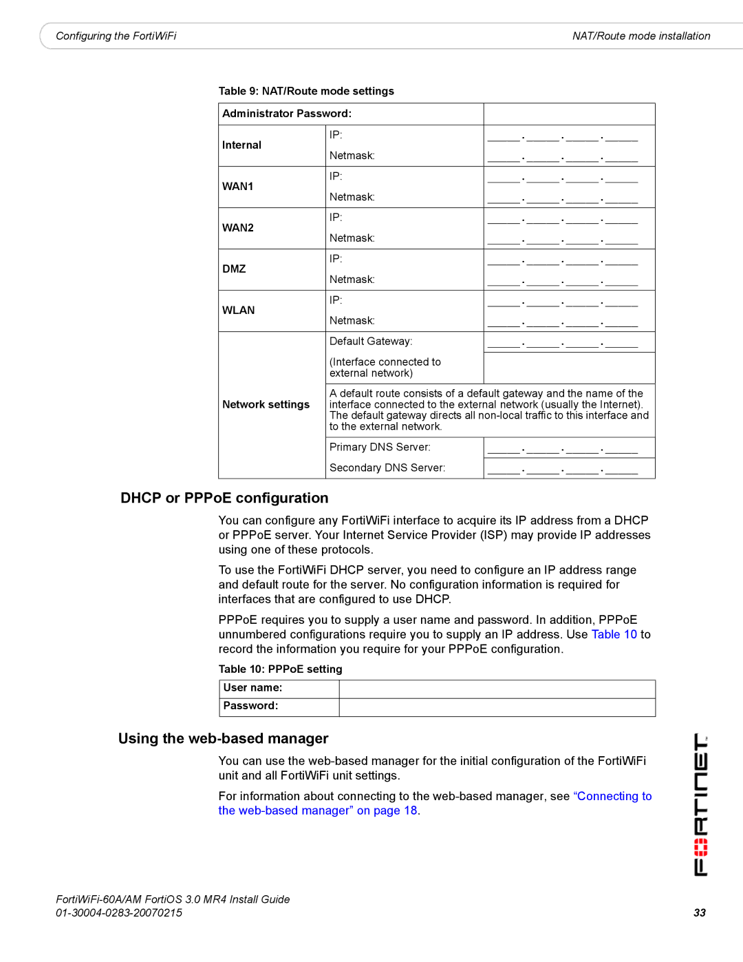 Fortinet ORTIWIFI-60A /AM manual Dhcp or PPPoE configuration, Using the web-based manager, PPPoE setting User name Password 