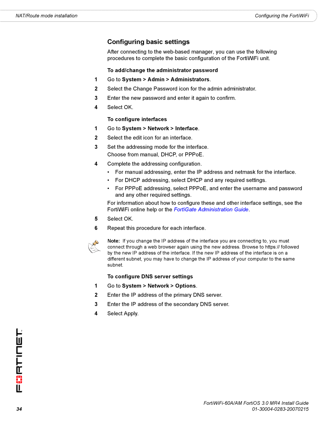 Fortinet ORTIWIFI-60A /AM manual Configuring basic settings, To configure interfaces Go to System Network Interface 