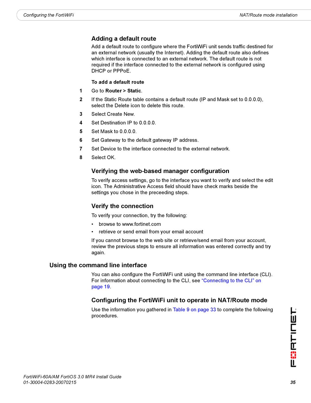 Fortinet ORTIWIFI-60A /AM Adding a default route, Verifying the web-based manager configuration, Verify the connection 