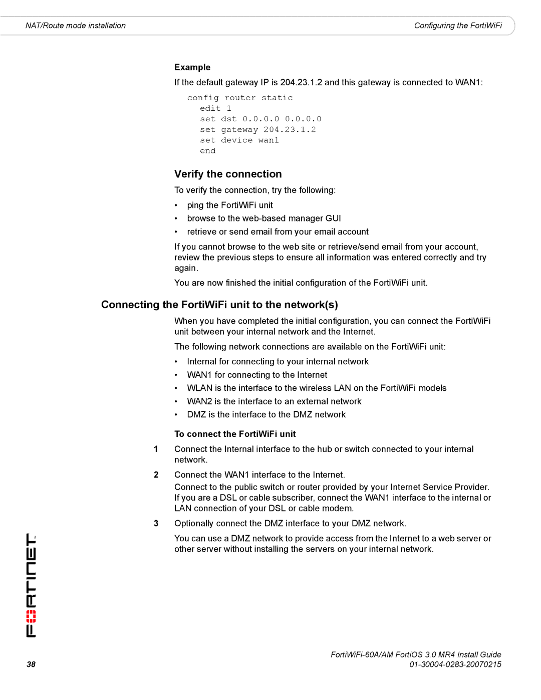 Fortinet ORTIWIFI-60A /AM manual Connecting the FortiWiFi unit to the networks, To connect the FortiWiFi unit 