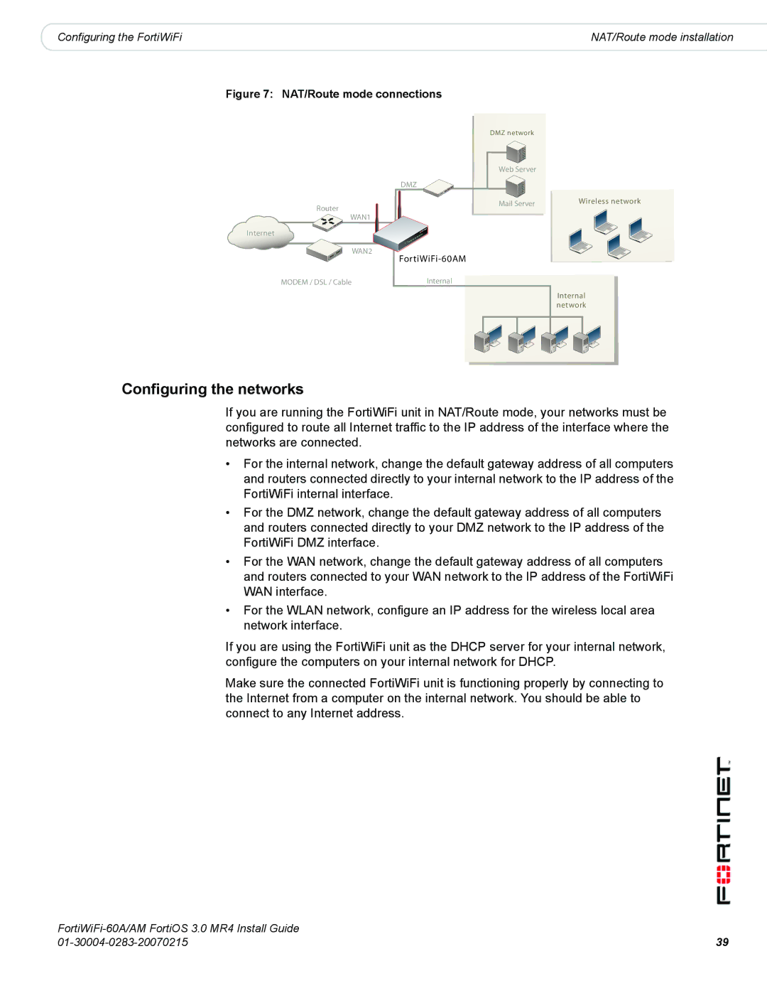 Fortinet ORTIWIFI-60A /AM manual Configuring the networks, NAT/Route mode connections 