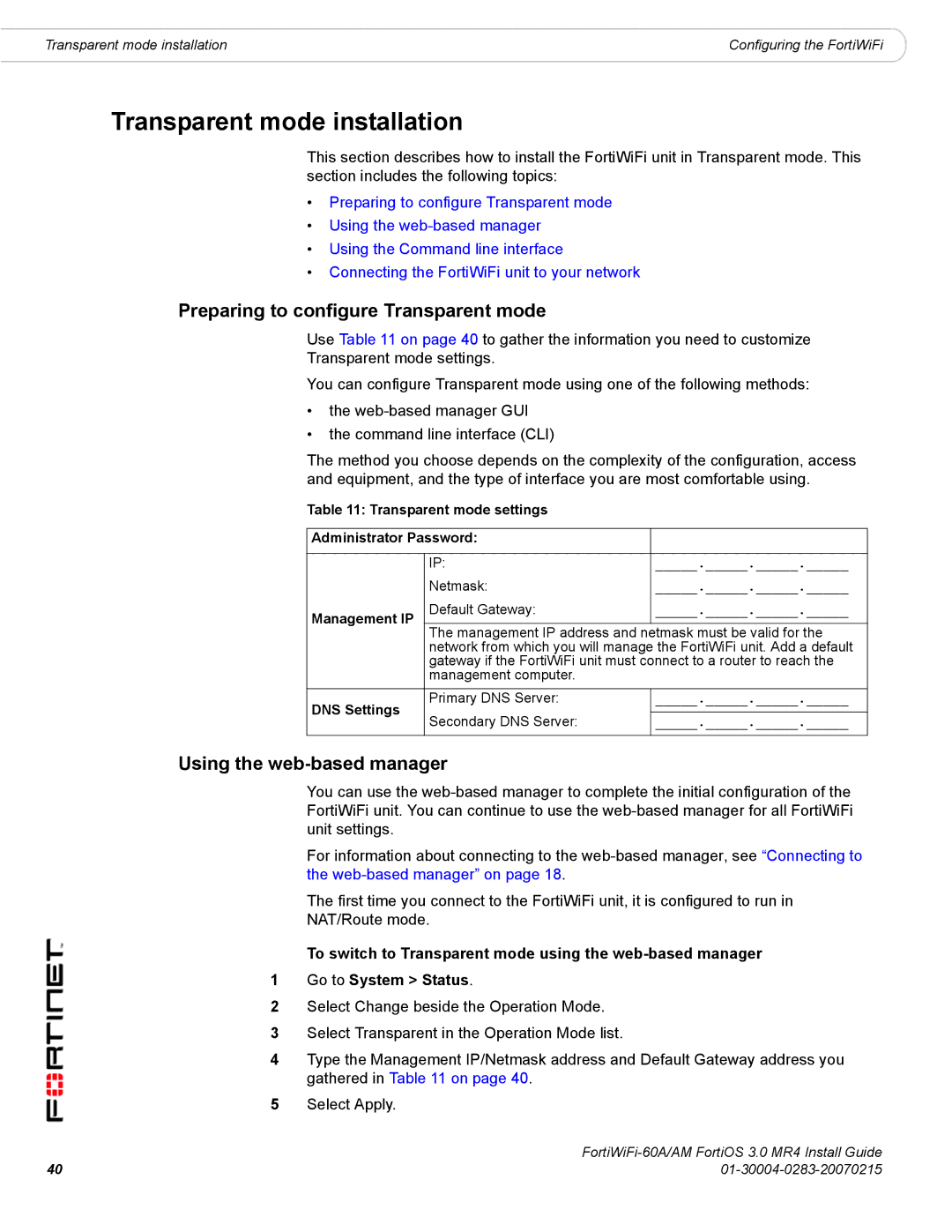 Fortinet ORTIWIFI-60A /AM manual Transparent mode installation, Preparing to configure Transparent mode, DNS Settings 