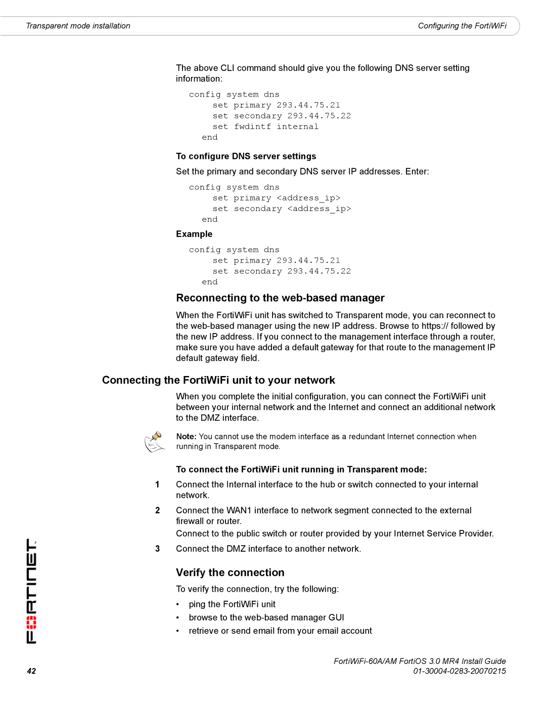 Fortinet ORTIWIFI-60A /AM manual Reconnecting to the web-based manager, Connecting the FortiWiFi unit to your network 