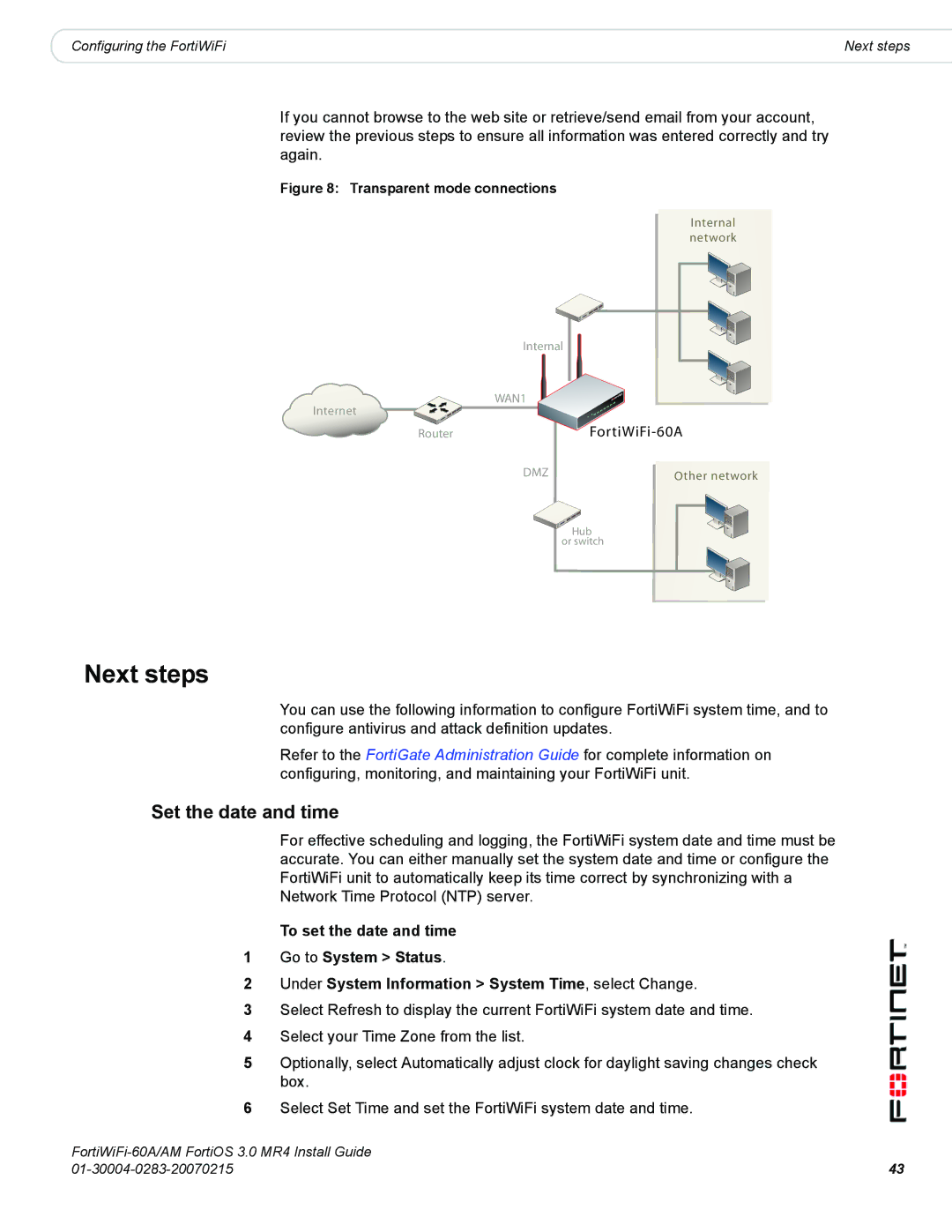 Fortinet ORTIWIFI-60A /AM manual Next steps, Set the date and time 