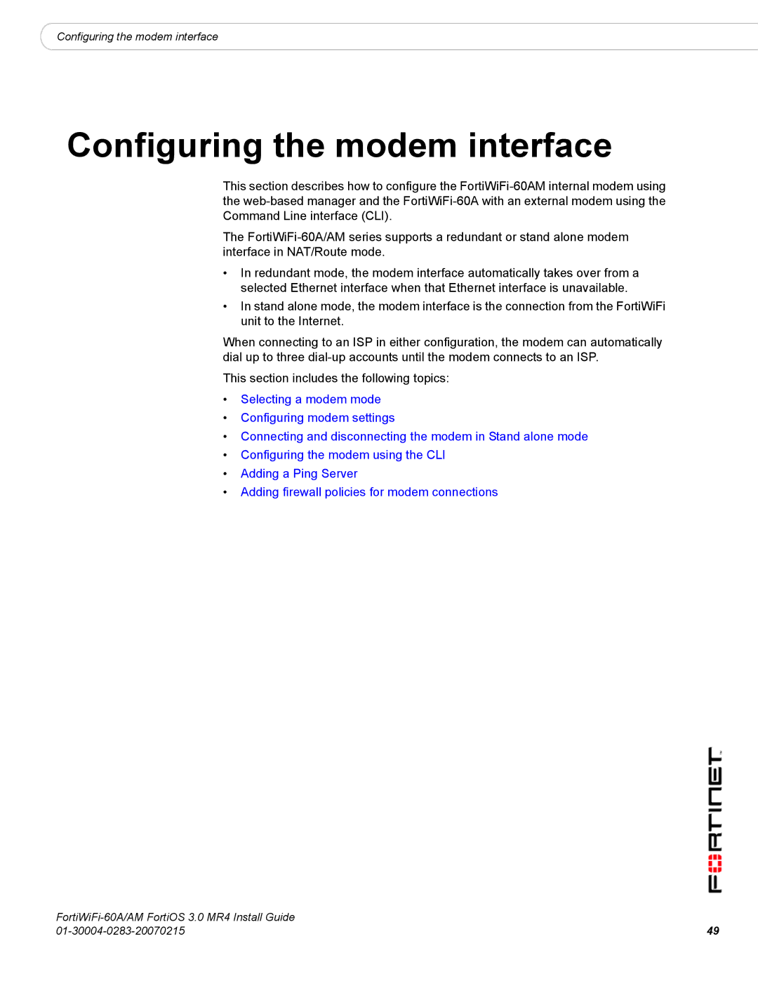 Fortinet ORTIWIFI-60A /AM manual Configuring the modem interface 