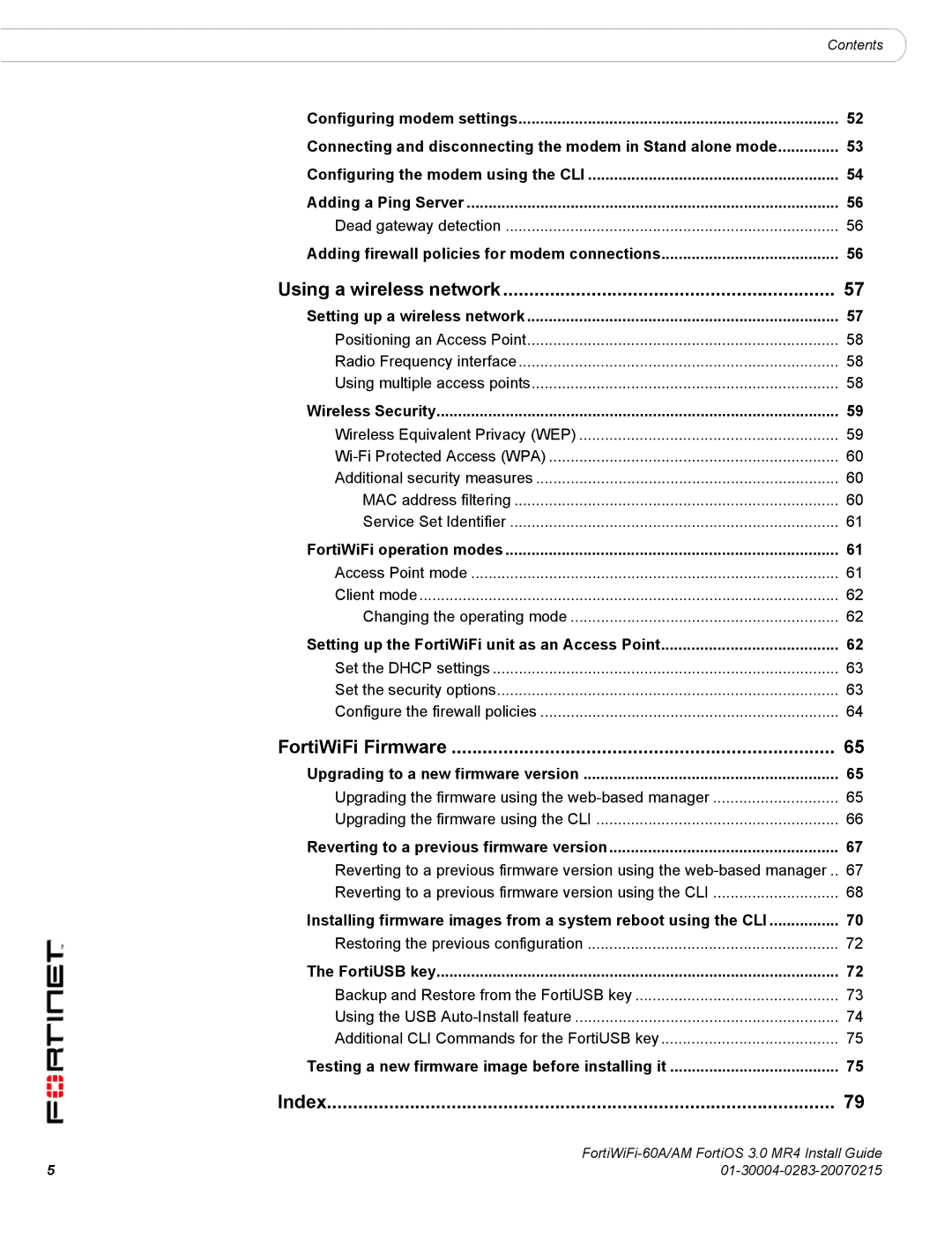 Fortinet ORTIWIFI-60A /AM manual Using a wireless network, FortiWiFi Firmware, Index 