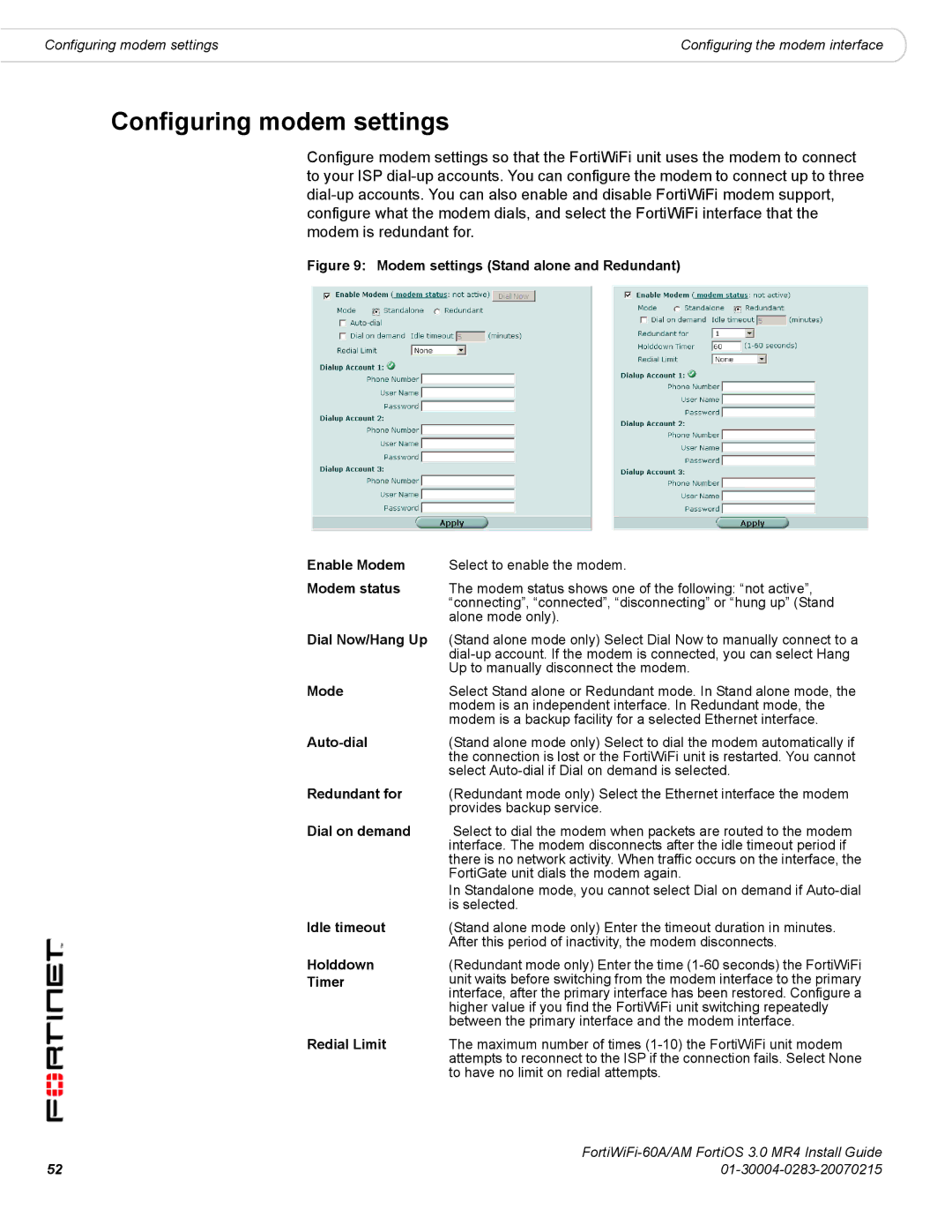 Fortinet ORTIWIFI-60A /AM manual Configuring modem settings 