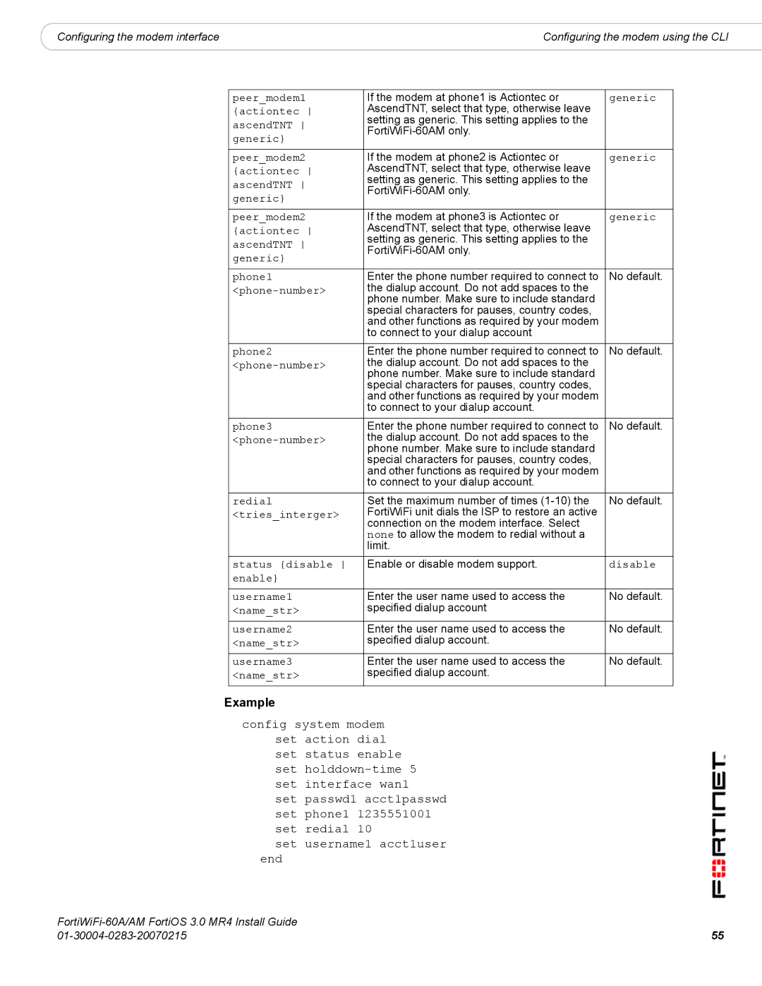 Fortinet ORTIWIFI-60A /AM manual Peermodem1 