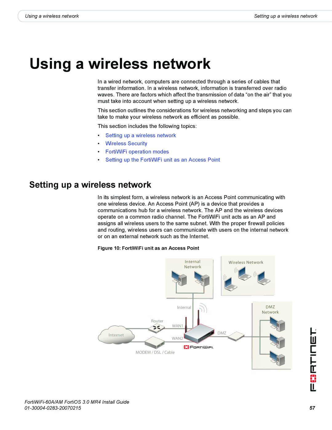 Fortinet ORTIWIFI-60A /AM manual Setting up a wireless network, FortiWiFi unit as an Access Point 