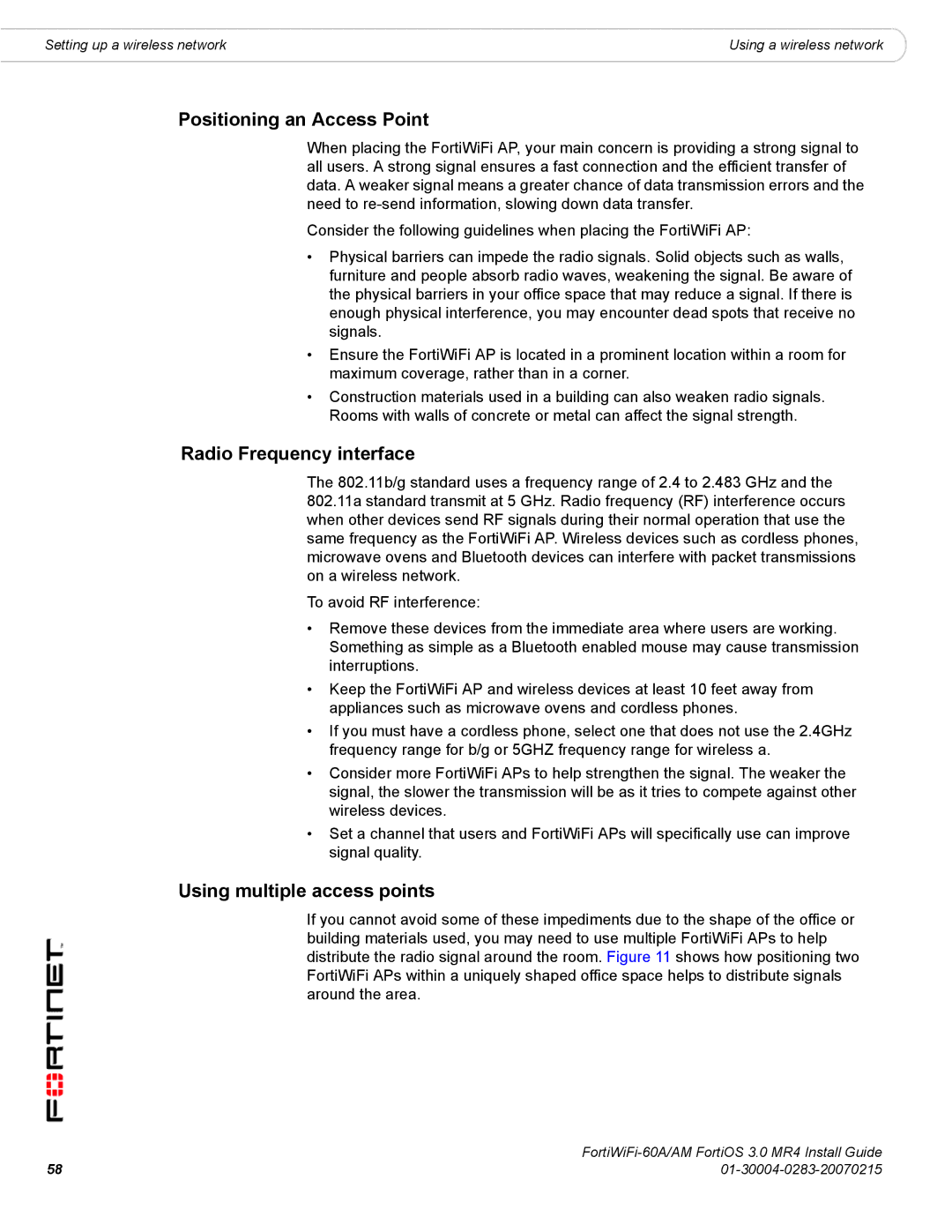 Fortinet ORTIWIFI-60A /AM manual Positioning an Access Point, Radio Frequency interface, Using multiple access points 