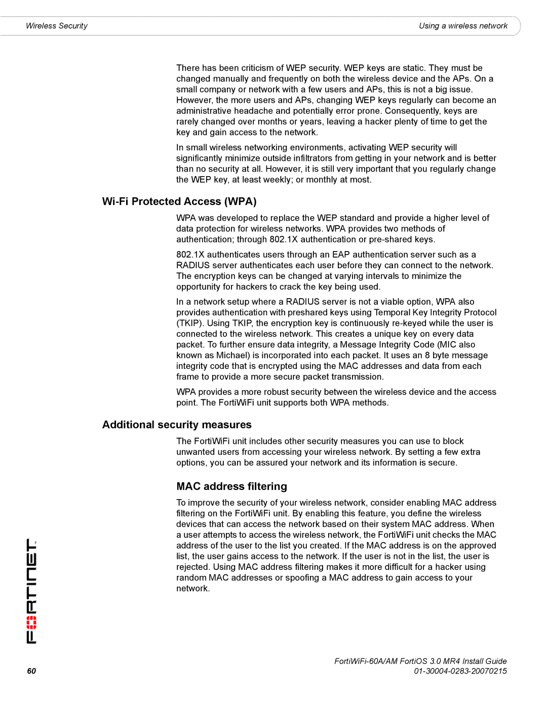 Fortinet ORTIWIFI-60A /AM manual Wi-Fi Protected Access WPA, Additional security measures, MAC address filtering 