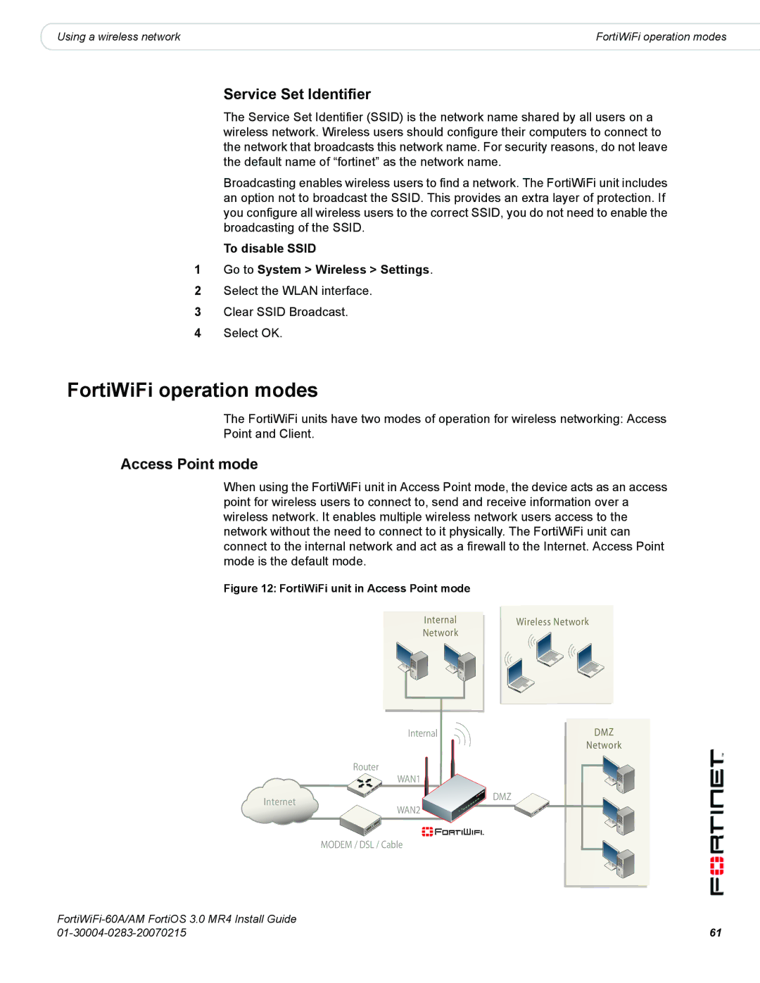 Fortinet ORTIWIFI-60A /AM manual FortiWiFi operation modes, Service Set Identifier, Access Point mode 