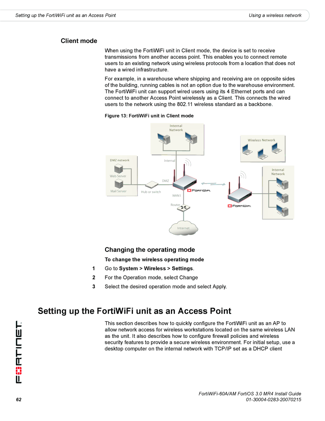 Fortinet ORTIWIFI-60A /AM manual Setting up the FortiWiFi unit as an Access Point, Client mode, Changing the operating mode 