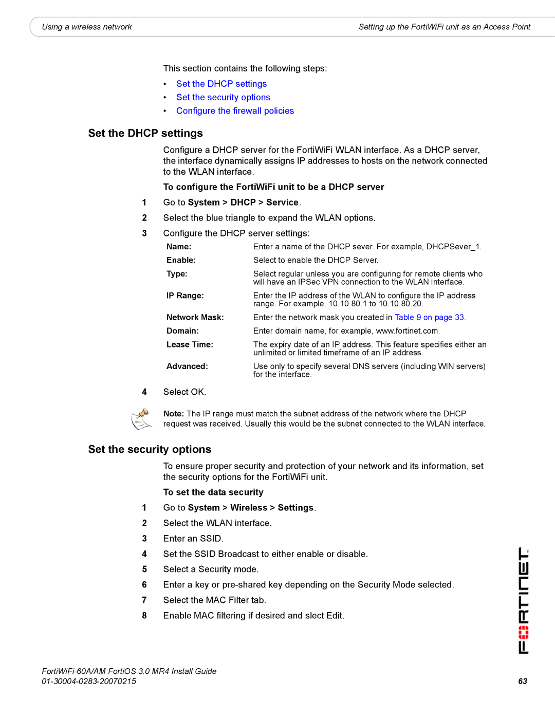 Fortinet ORTIWIFI-60A /AM manual Set the Dhcp settings, Set the security options 