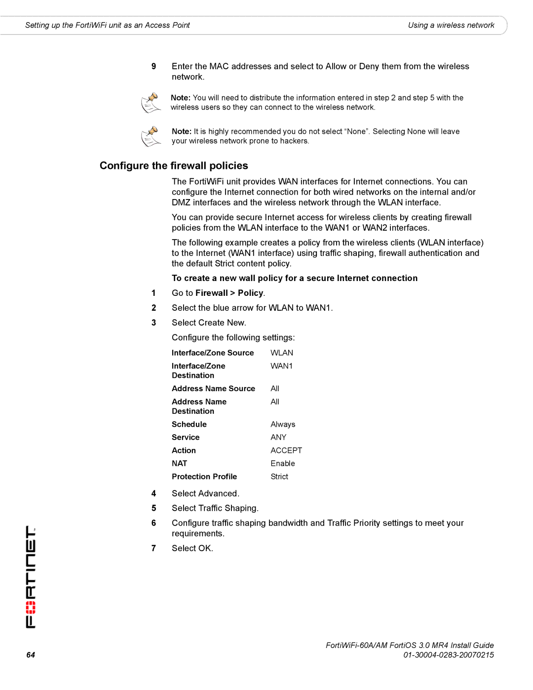 Fortinet ORTIWIFI-60A /AM manual Configure the firewall policies 