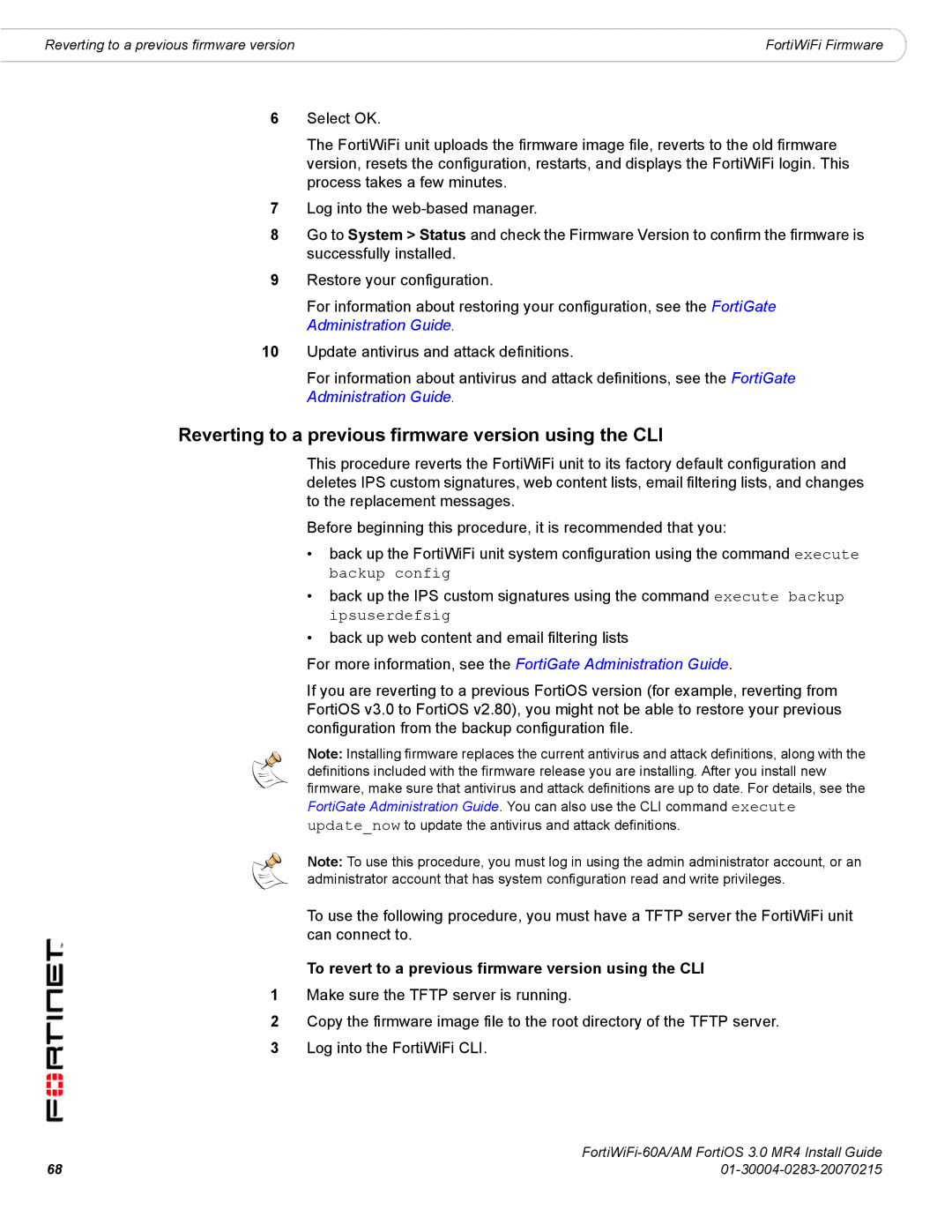 Fortinet ORTIWIFI-60A /AM manual Reverting to a previous firmware version using the CLI 