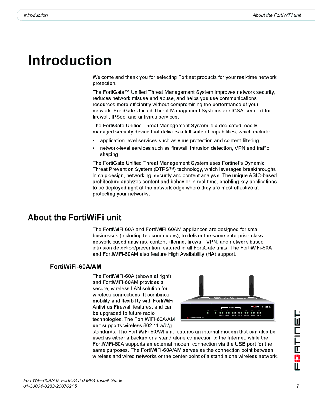 Fortinet ORTIWIFI-60A /AM manual About the FortiWiFi unit, FortiWiFi-60A/AM 