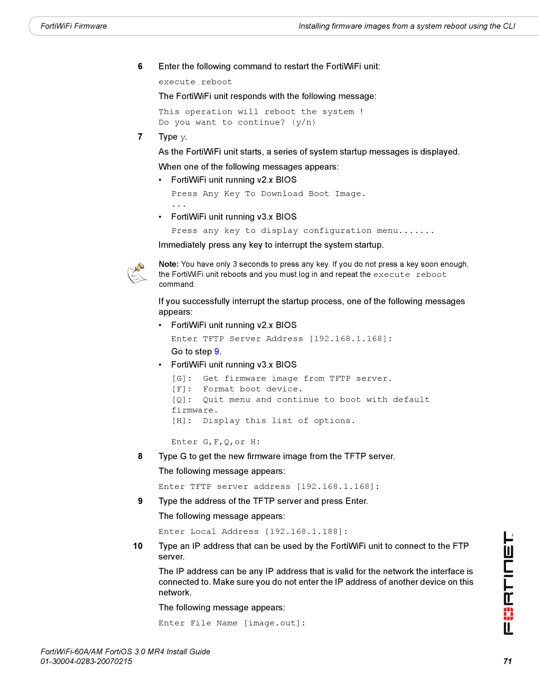 Fortinet ORTIWIFI-60A /AM manual Press Any Key To Download Boot Image, Press any key to display configuration menu 