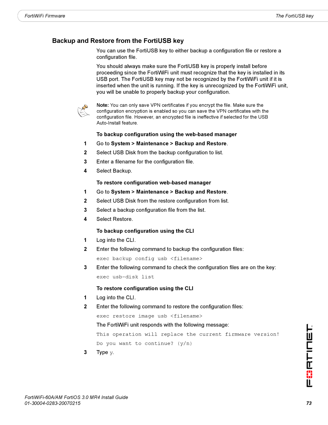 Fortinet ORTIWIFI-60A /AM manual Backup and Restore from the FortiUSB key, To backup configuration using the CLI 