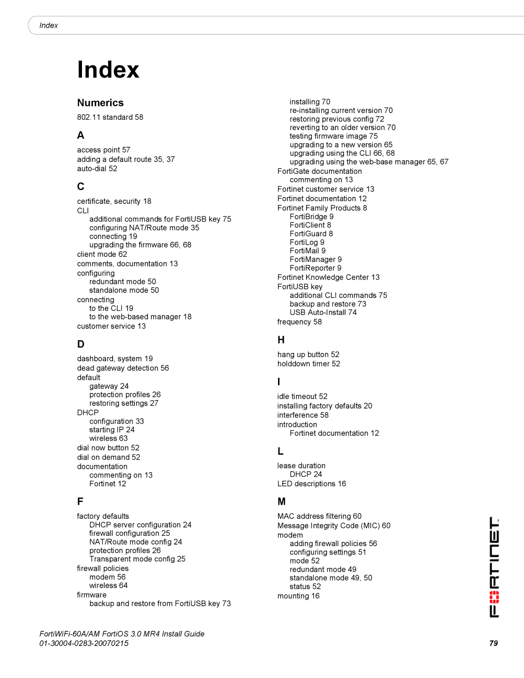 Fortinet ORTIWIFI-60A /AM manual Index, Numerics 