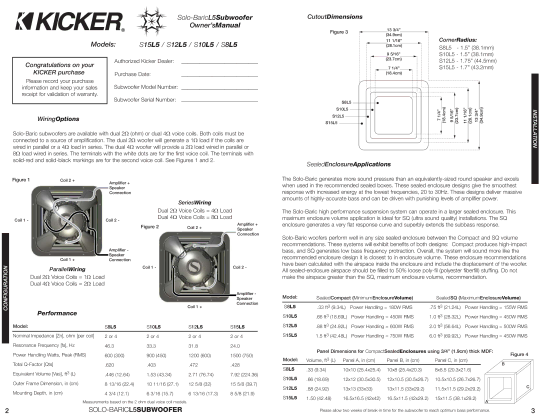 Fortinet S12L5, S10L5, S8L5, S15L5 manual Congratulations on your Kicker purchase, SealedEnclosureApplications, Configuration 