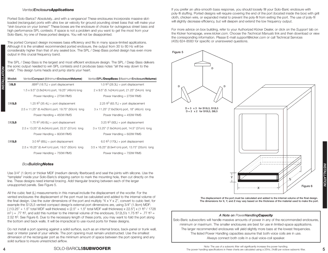 Fortinet S15L5, S10L5, S8L5, S12L5 manual VentedEnclosureApplications, BoxBuildingNotes, Installation 