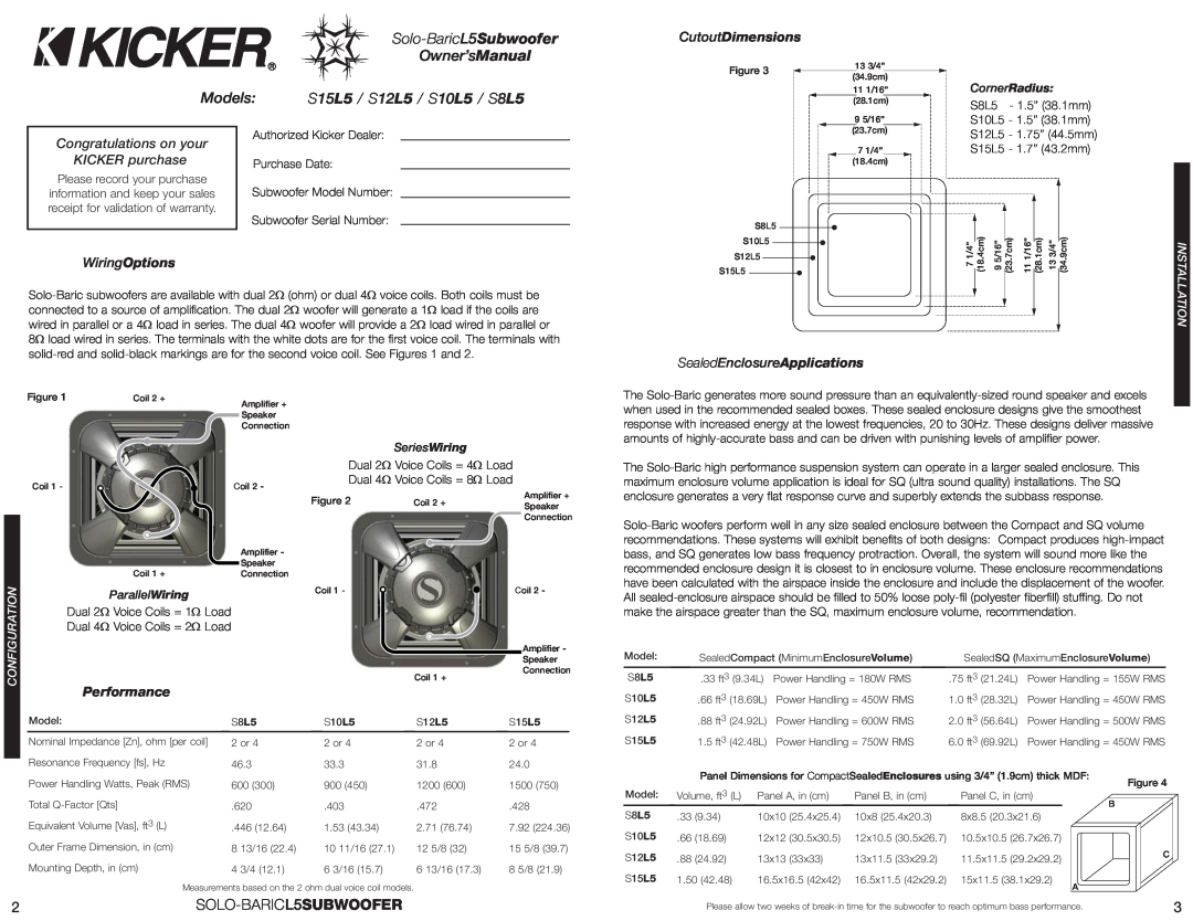 Fortinet S12L5 Congratulations on your KICKER purchase, SealedEnclosureApplications, Configuration, SOLO-BARICL5SUBWOOFER 