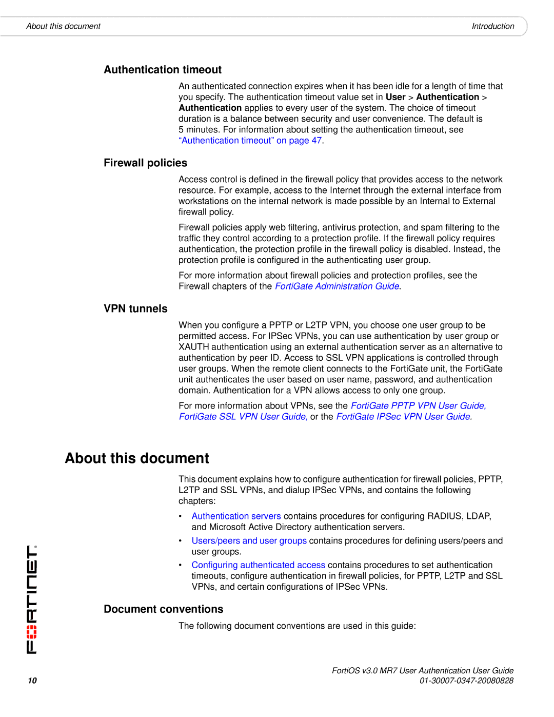 Fortinet v3.0 MR7 manual About this document, Authentication timeout, Firewall policies, VPN tunnels, Document conventions 