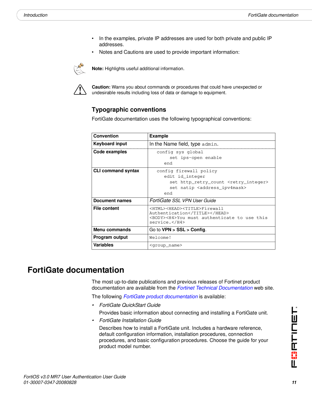 Fortinet v3.0 MR7 manual FortiGate documentation, Typographic conventions, Name field, type admin 