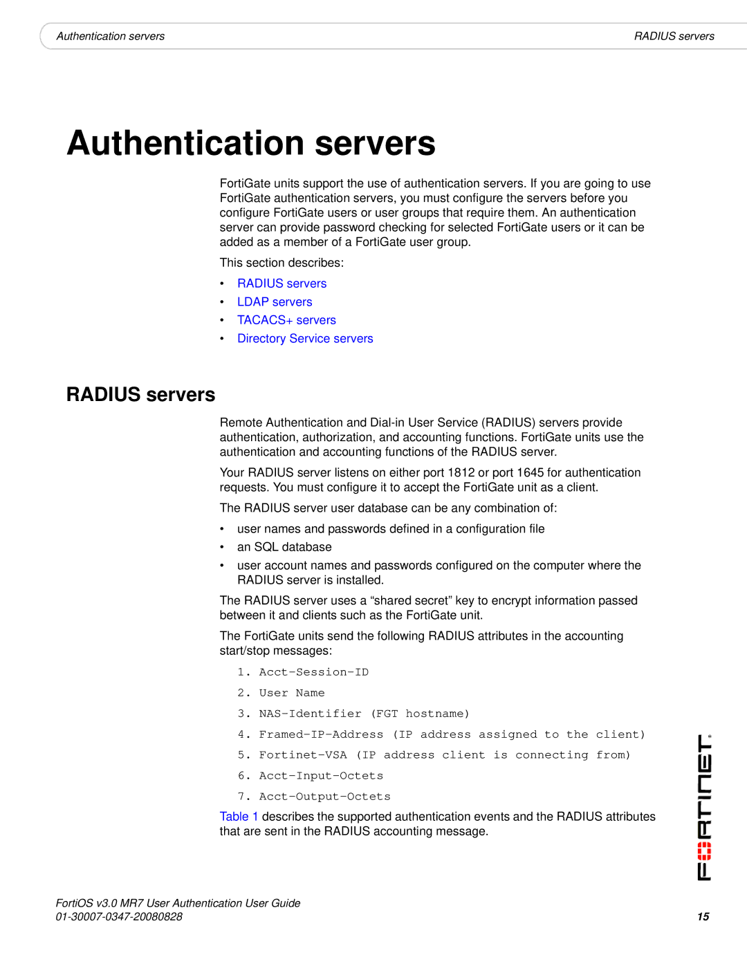 Fortinet v3.0 MR7 manual Authentication servers, Radius servers 