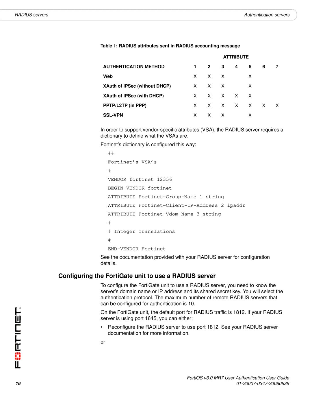 Fortinet v3.0 MR7 manual Configuring the FortiGate unit to use a Radius server 