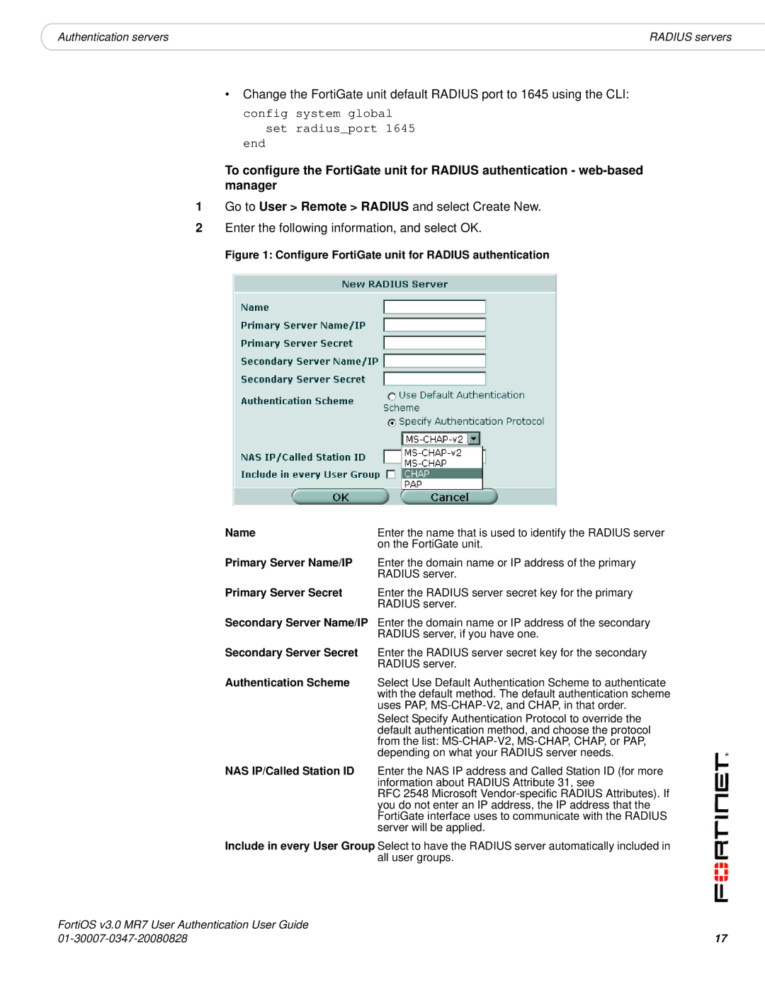 Fortinet v3.0 MR7 manual Primary Server Name/IP, Primary Server Secret 