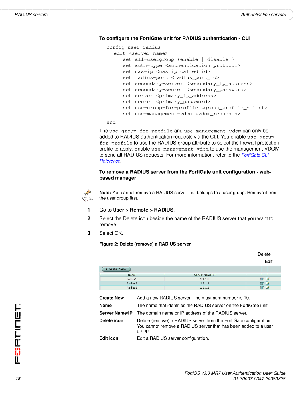 Fortinet v3.0 MR7 manual Group, Edit icon Edit a Radius server configuration 