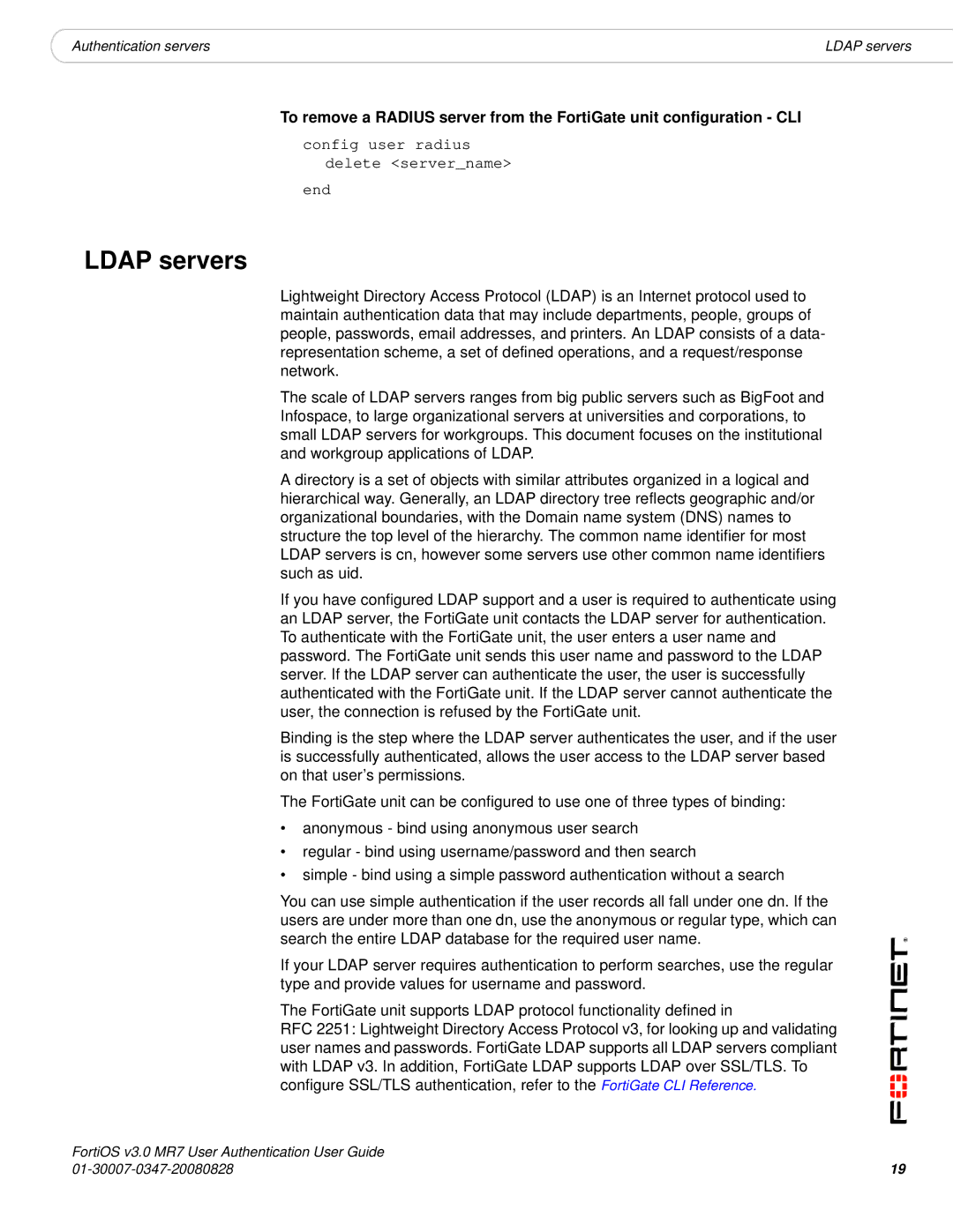 Fortinet v3.0 MR7 manual Ldap servers 