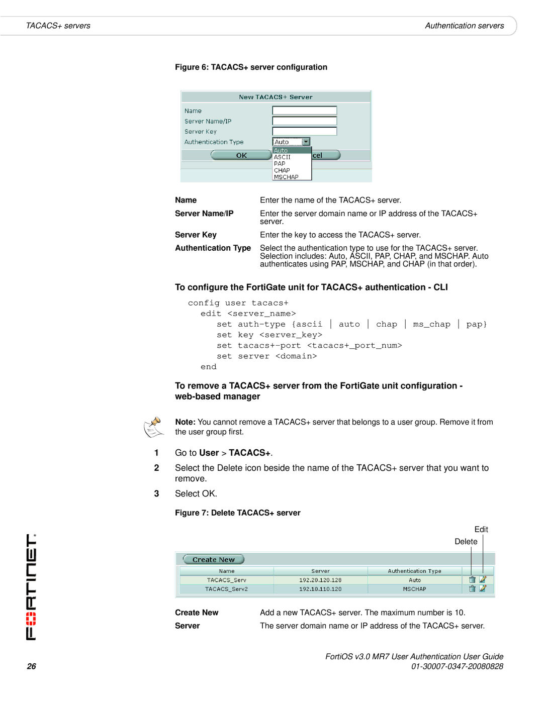 Fortinet v3.0 MR7 manual Server Key, Authentication Type 