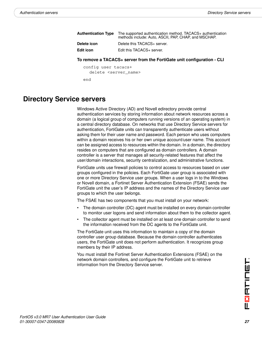 Fortinet v3.0 MR7 manual Directory Service servers 