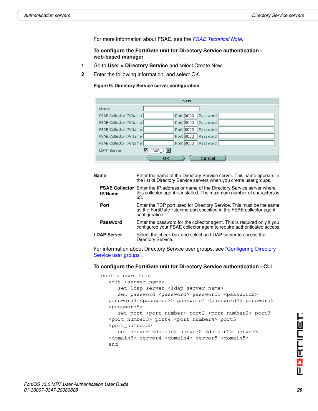 Fortinet v3.0 MR7 manual Directory Service server configuration Name, Fsae Collector IP/Name Port 