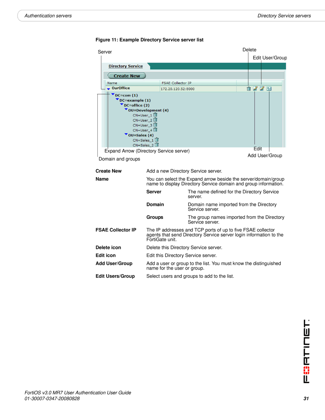 Fortinet v3.0 MR7 manual Example Directory Service server list 