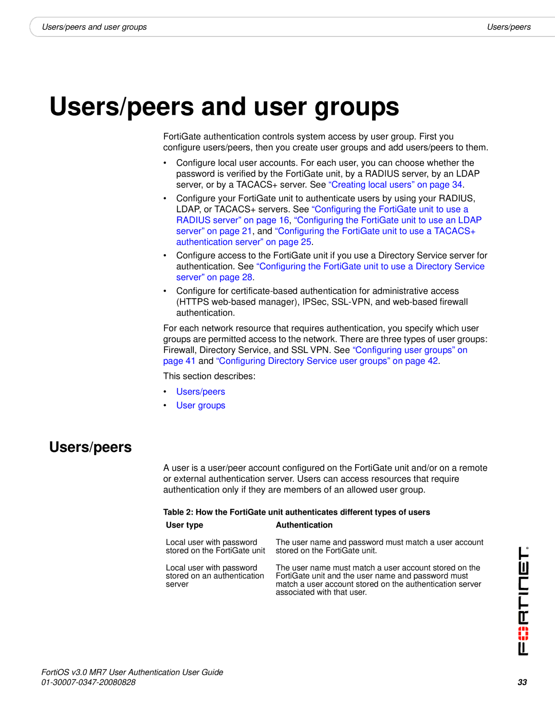 Fortinet v3.0 MR7 manual Users/peers and user groups 