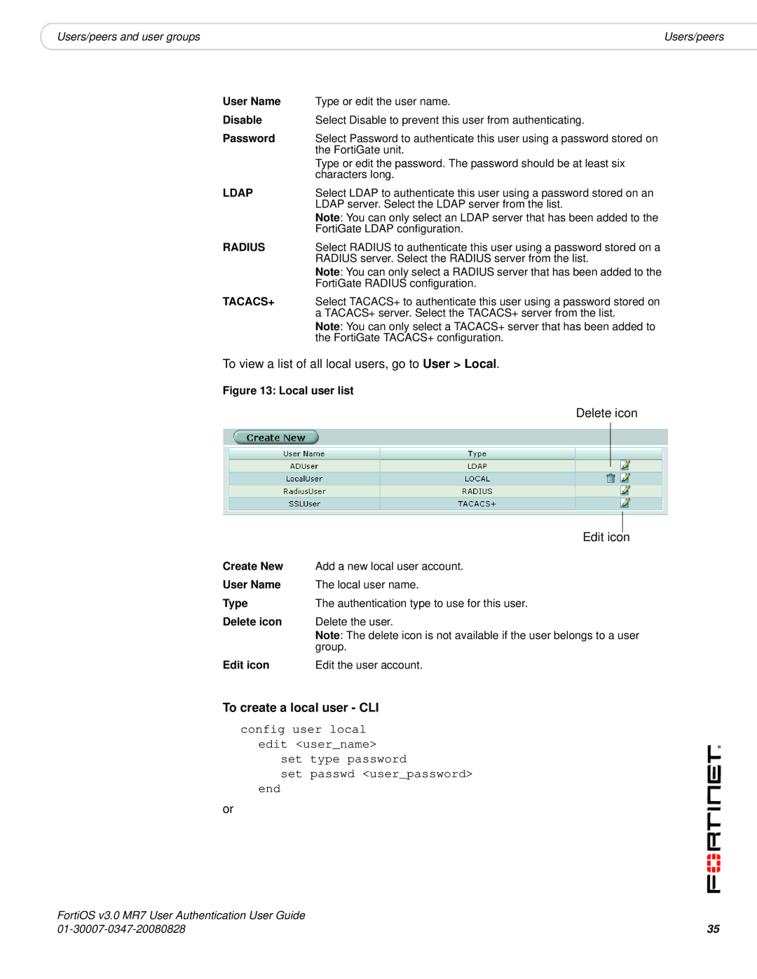 Fortinet v3.0 MR7 To view a list of all local users, go to User Local, Delete icon Edit icon, To create a local user CLI 