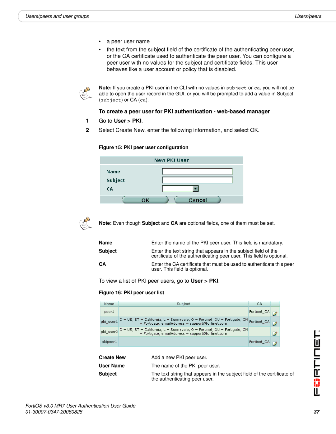 Fortinet v3.0 MR7 manual To view a list of PKI peer users, go to User PKI, Subject, Authenticating peer user 