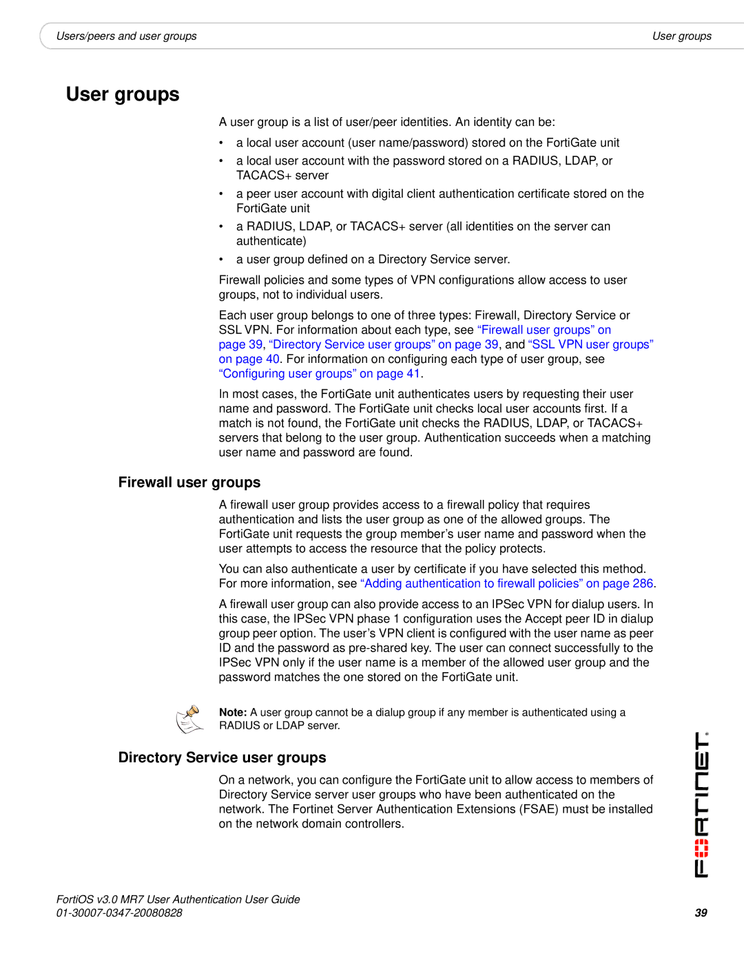 Fortinet v3.0 MR7 manual User groups, Firewall user groups, Directory Service user groups 