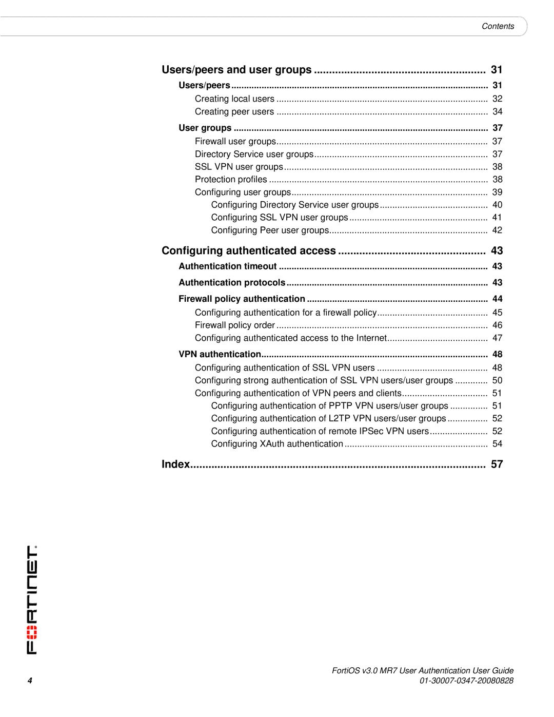 Fortinet v3.0 MR7 manual Users/peers and user groups, Configuring authenticated access, Index 