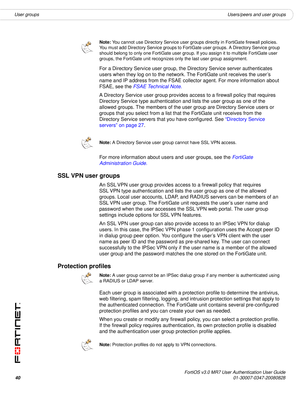 Fortinet v3.0 MR7 manual SSL VPN user groups, Protection profiles 