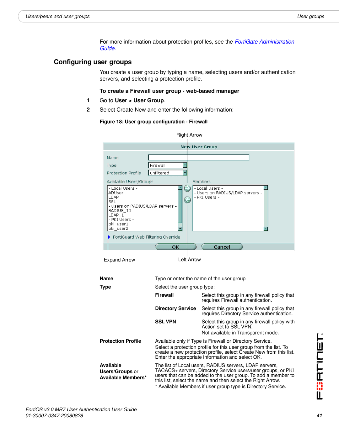 Fortinet v3.0 MR7 manual Configuring user groups, Select Create New and enter the following information, Firewall 